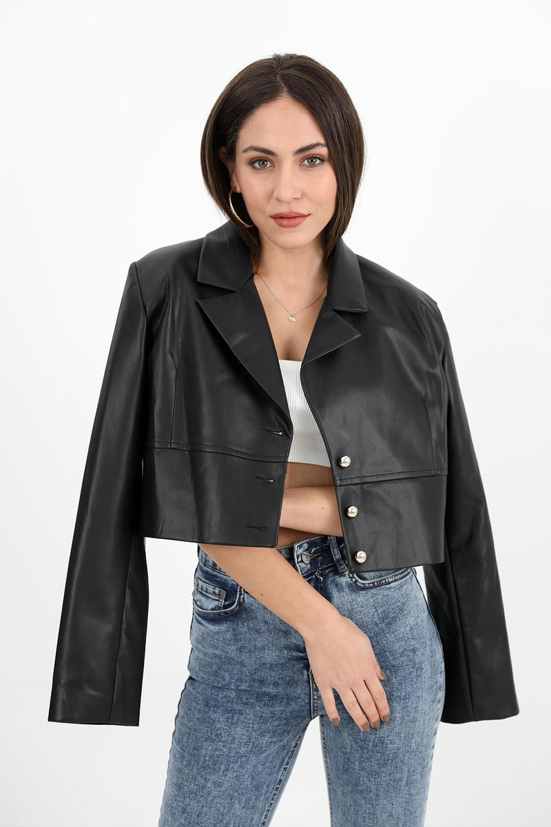 Women's Double Breasted Collar Padded Buttoned Short Leather Jacket - Black - STREETMODE™