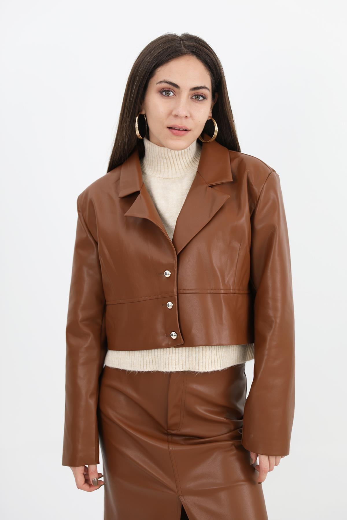 Women's Double Breasted Collar Padded Buttoned Short Leather Jacket - Brown - STREETMODE™