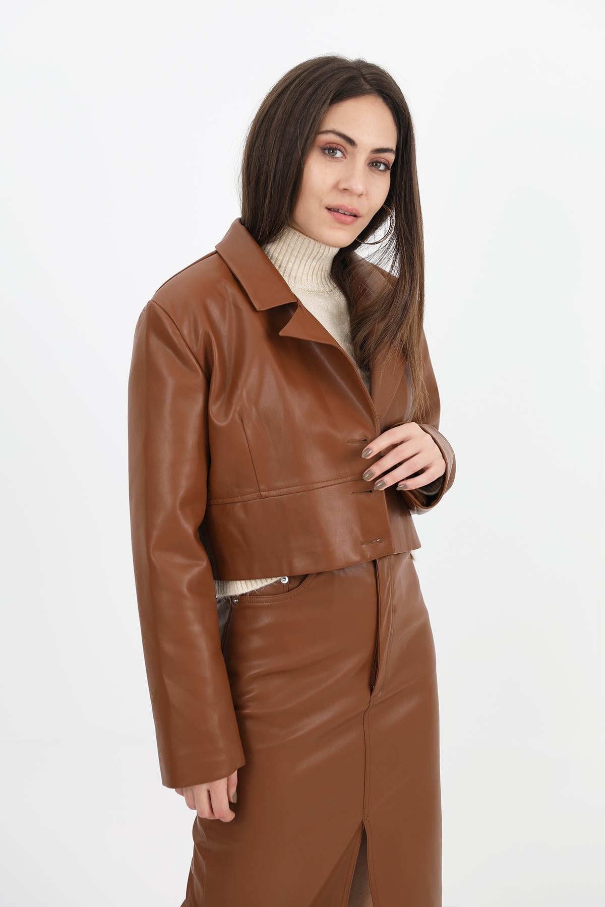 Women's Double Breasted Collar Padded Buttoned Short Leather Jacket - Brown - STREETMODE™