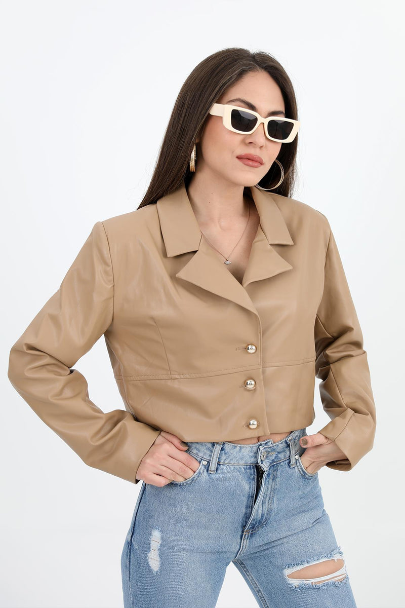 Women's Double Breasted Collar Padded Buttoned Short Leather Jacket - Camel - STREETMODE™
