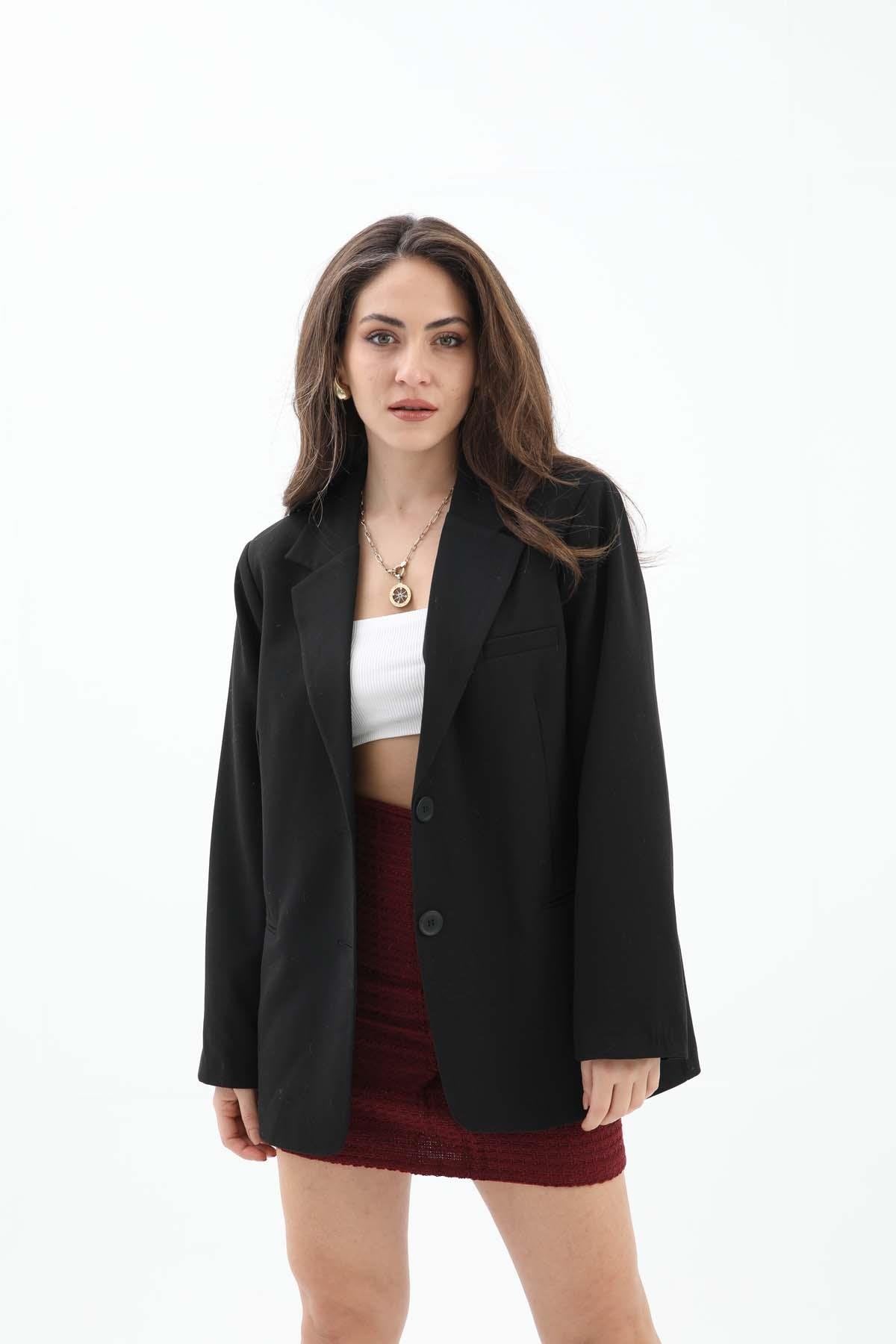 Women's Double Breasted Oversize Blazer Jacket - Black - STREETMODE™