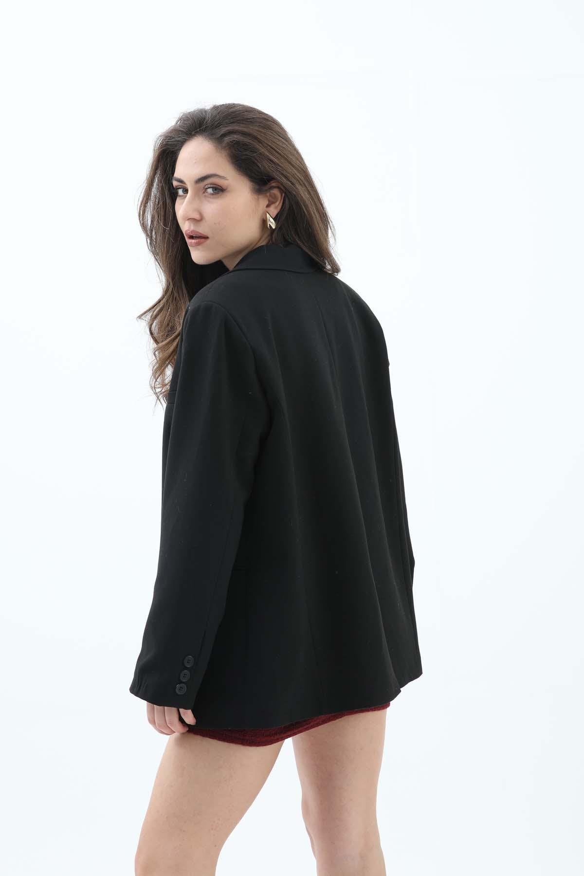 Women's Double Breasted Oversize Blazer Jacket - Black - STREETMODE™