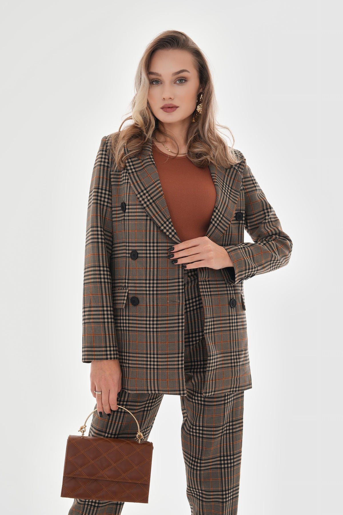 Women's Double Breasted Plaid Jacket with Pockets - Mink - STREETMODE™