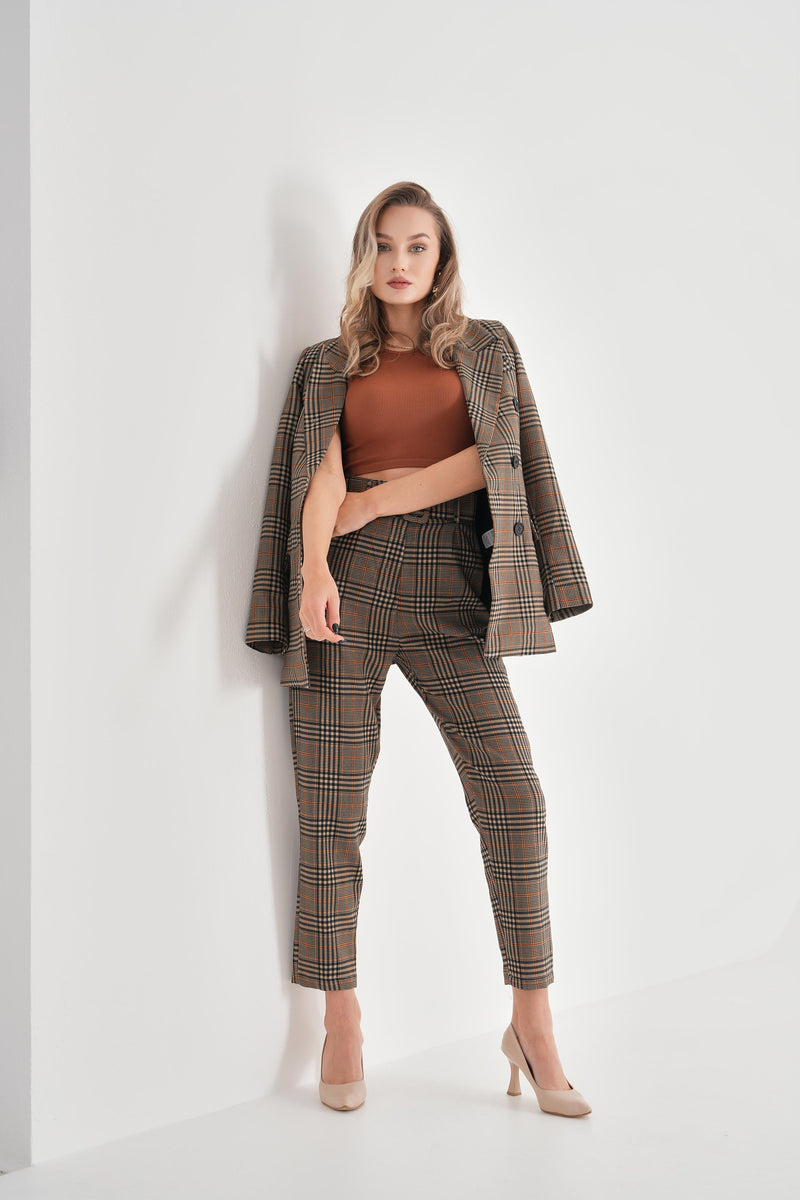 Women's Double Breasted Plaid Jacket with Pockets - Mink - STREETMODE™