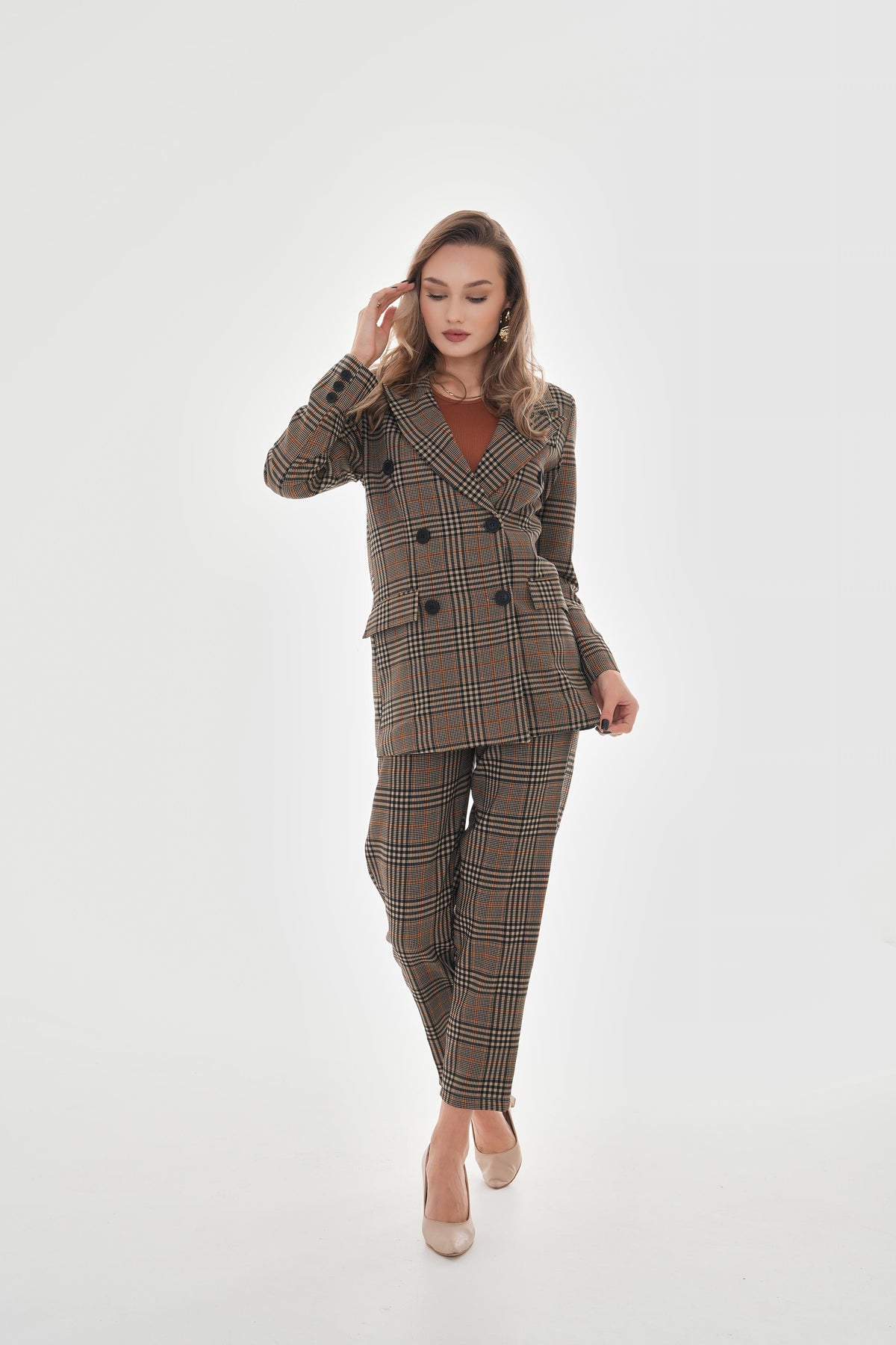 Women's Double Breasted Plaid Jacket with Pockets - Mink - STREETMODE™