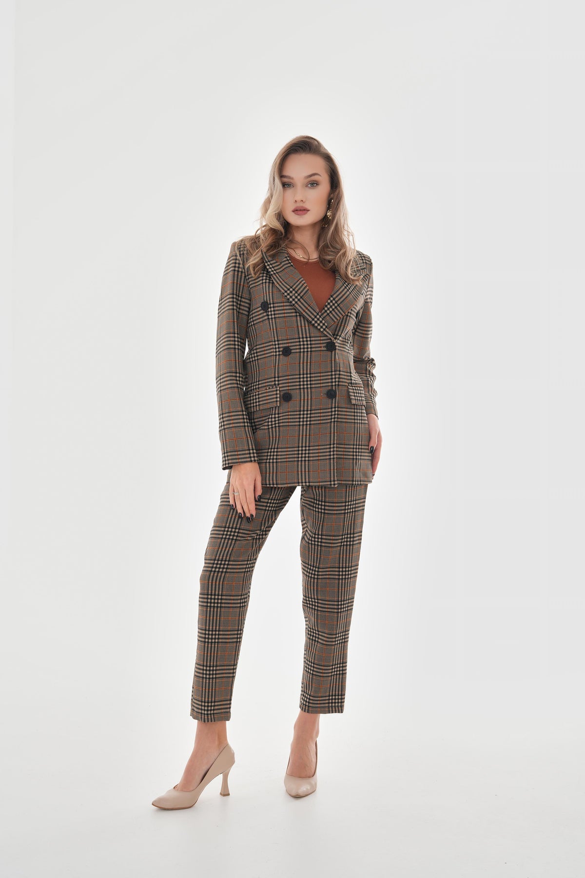 Women's Double Breasted Plaid Jacket with Pockets - Mink - STREETMODE™