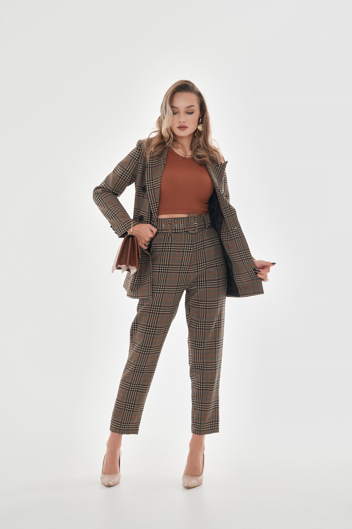 Women's Double Breasted Plaid Jacket with Pockets - Mink - STREETMODE™