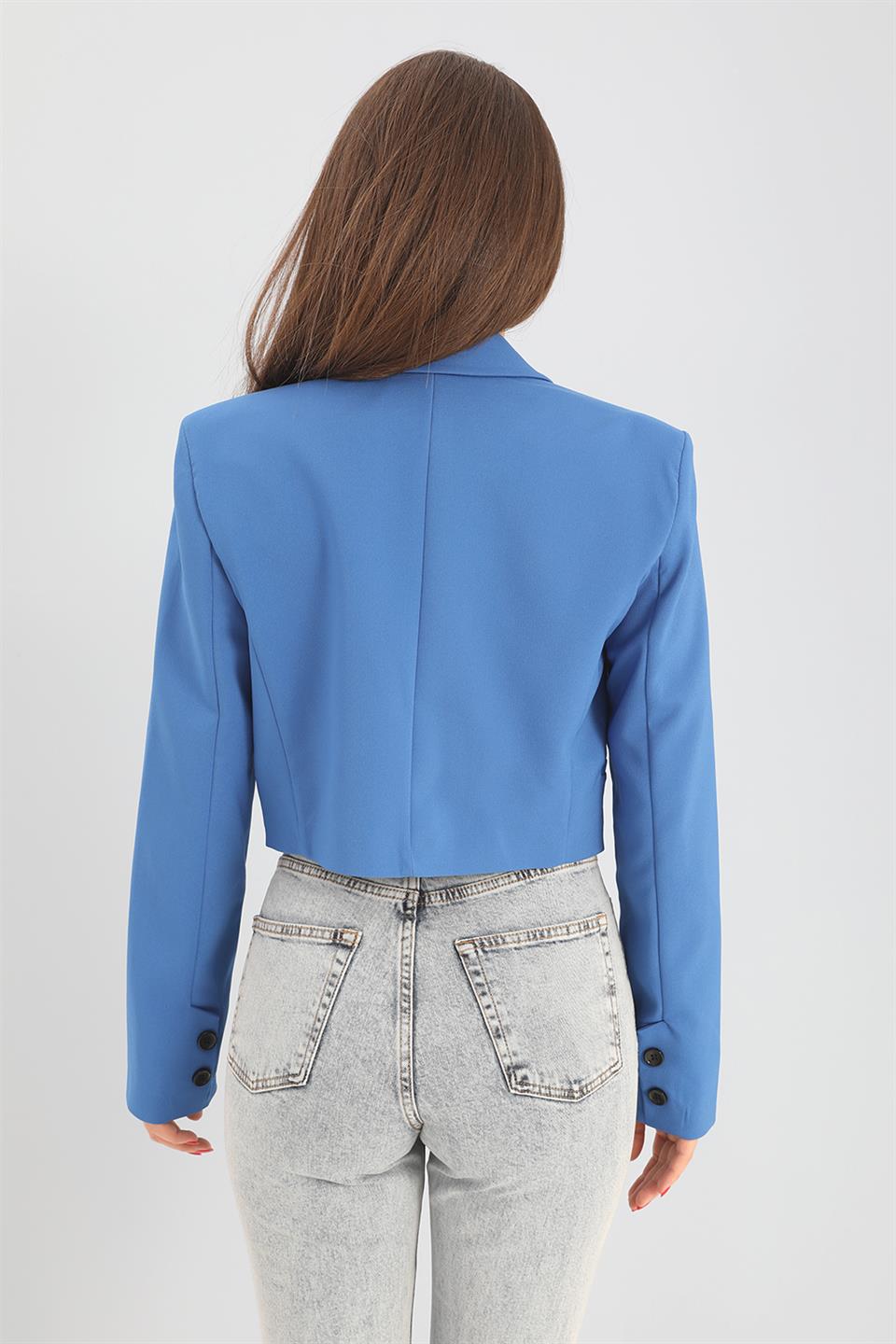 Women's Double Peto Pocket Short Crop Blazer Jacket - Sax Blue - STREETMODE™