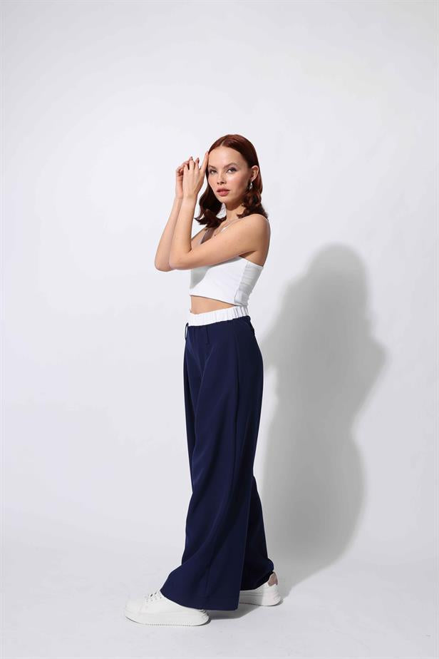 Women's Double Waist Banded Palazzo Trousers Navy Blue - STREETMODE™