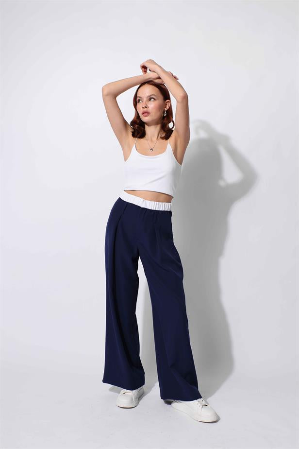 Women's Double Waist Banded Palazzo Trousers Navy Blue - STREETMODE™