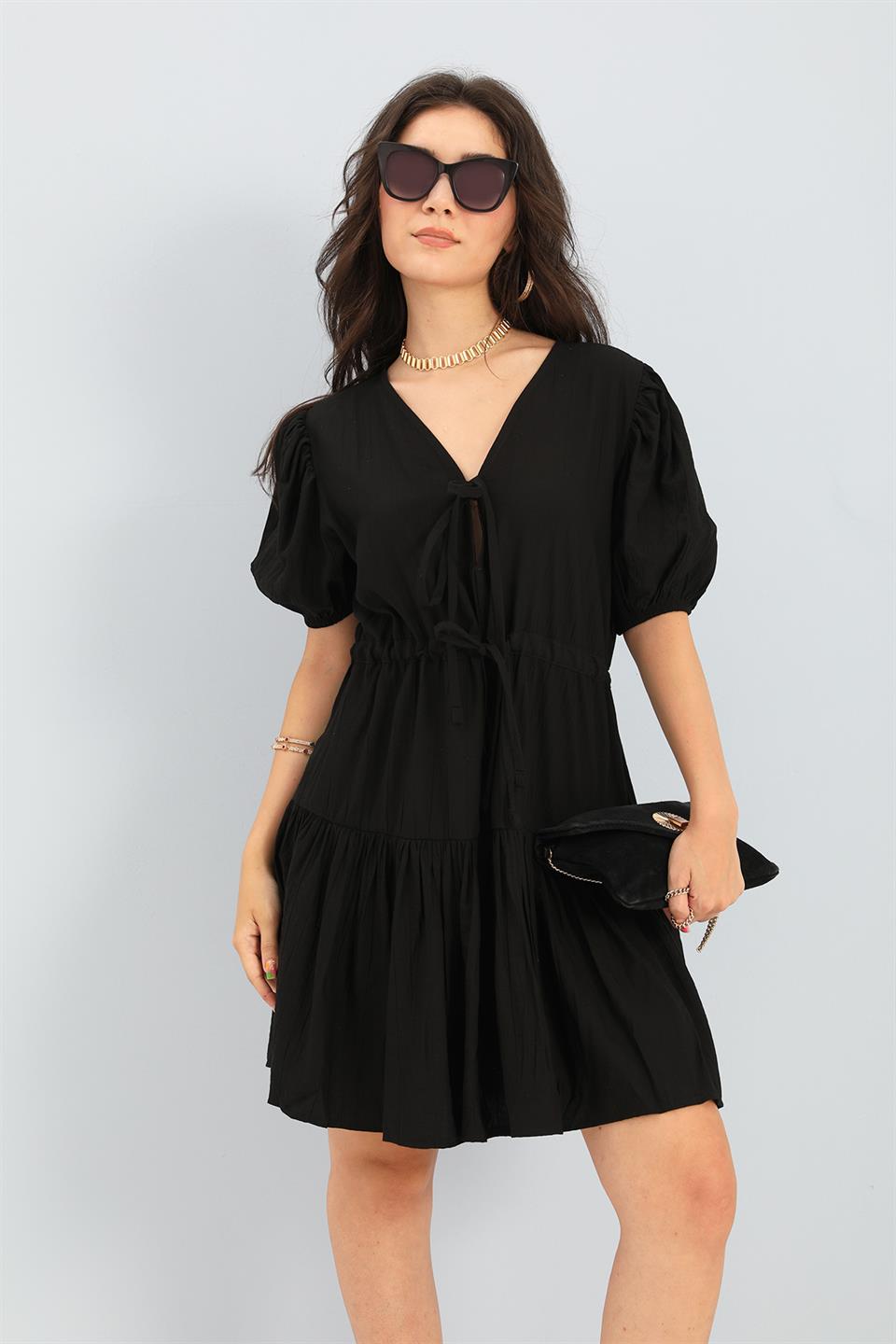 Women's Dress Balloon Sleeve Waist Pleated - Black - STREETMODE™