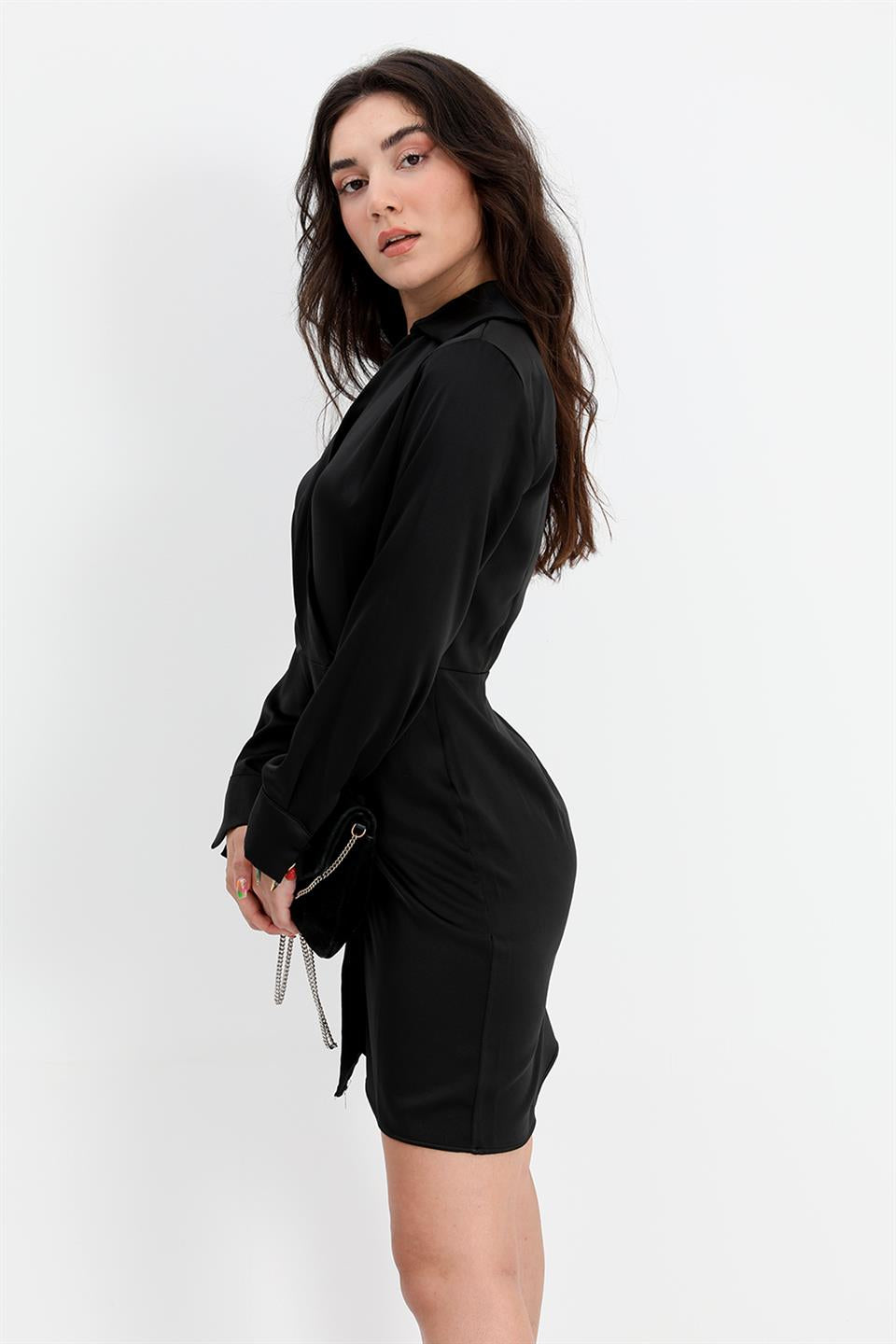 Women's Dress Double Breasted Collar Buttoned Satin - Black - STREETMODE™