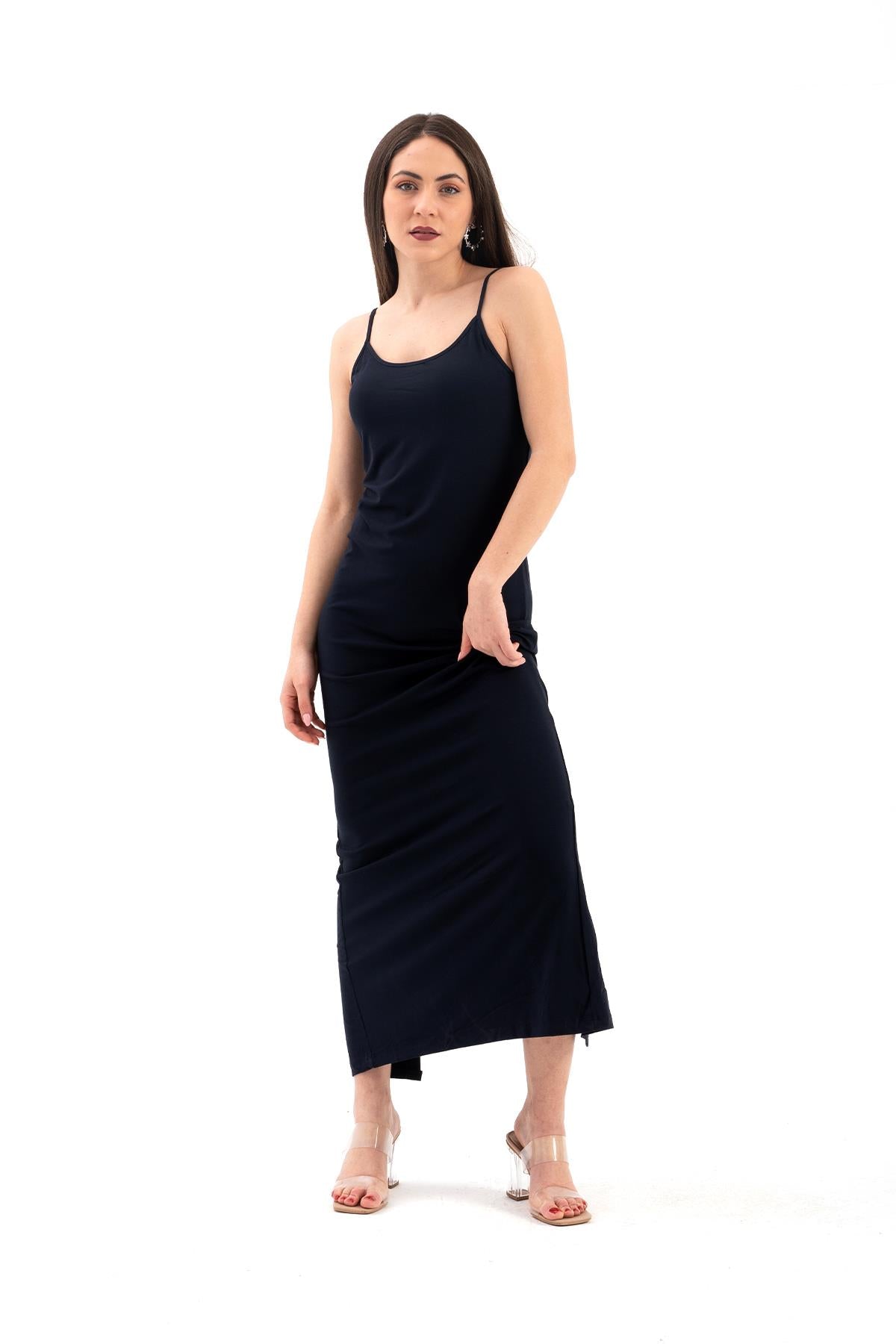 Women's Dress with Adjustable Straps and Slit on the Back - Navy Blue - STREETMODE™