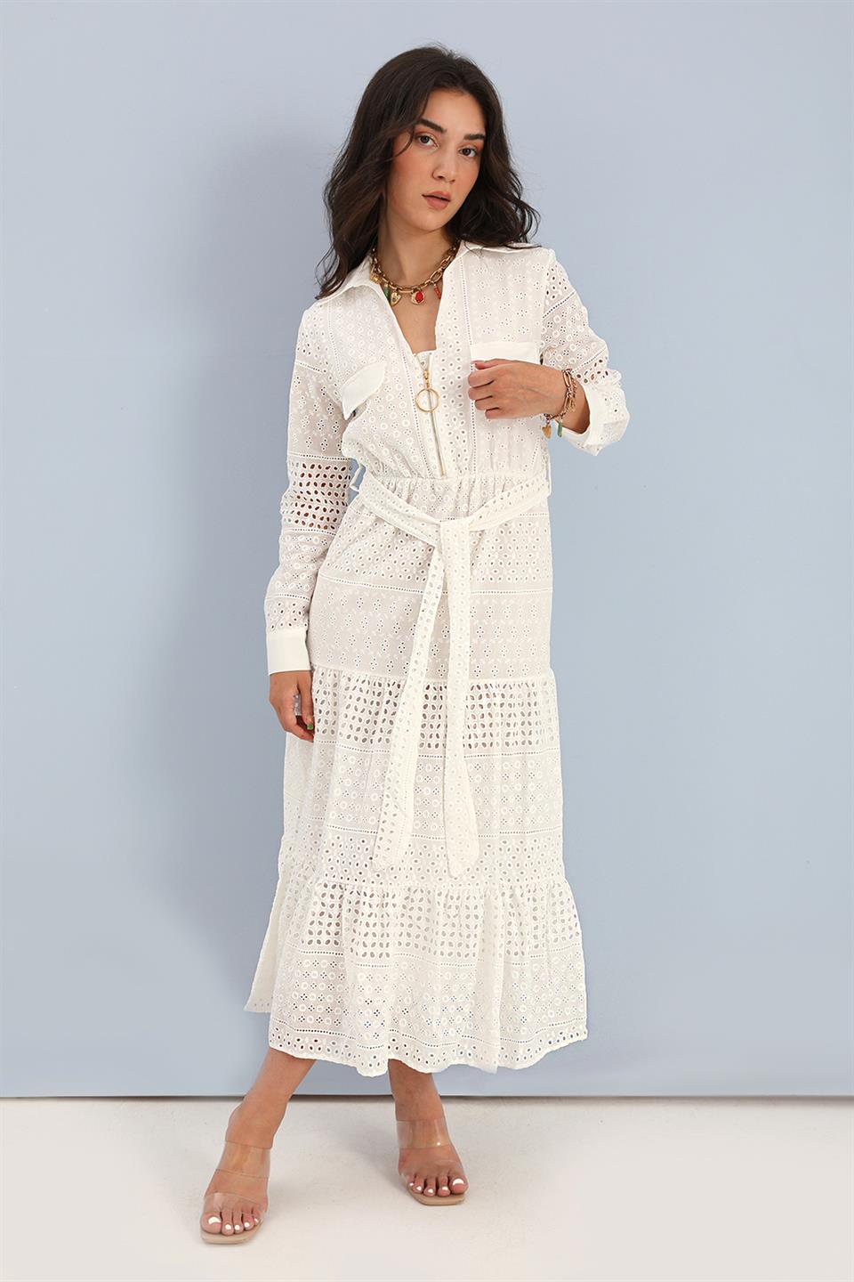 Women's Dress Zippered Long Embroidery - Ecru - STREETMODE™