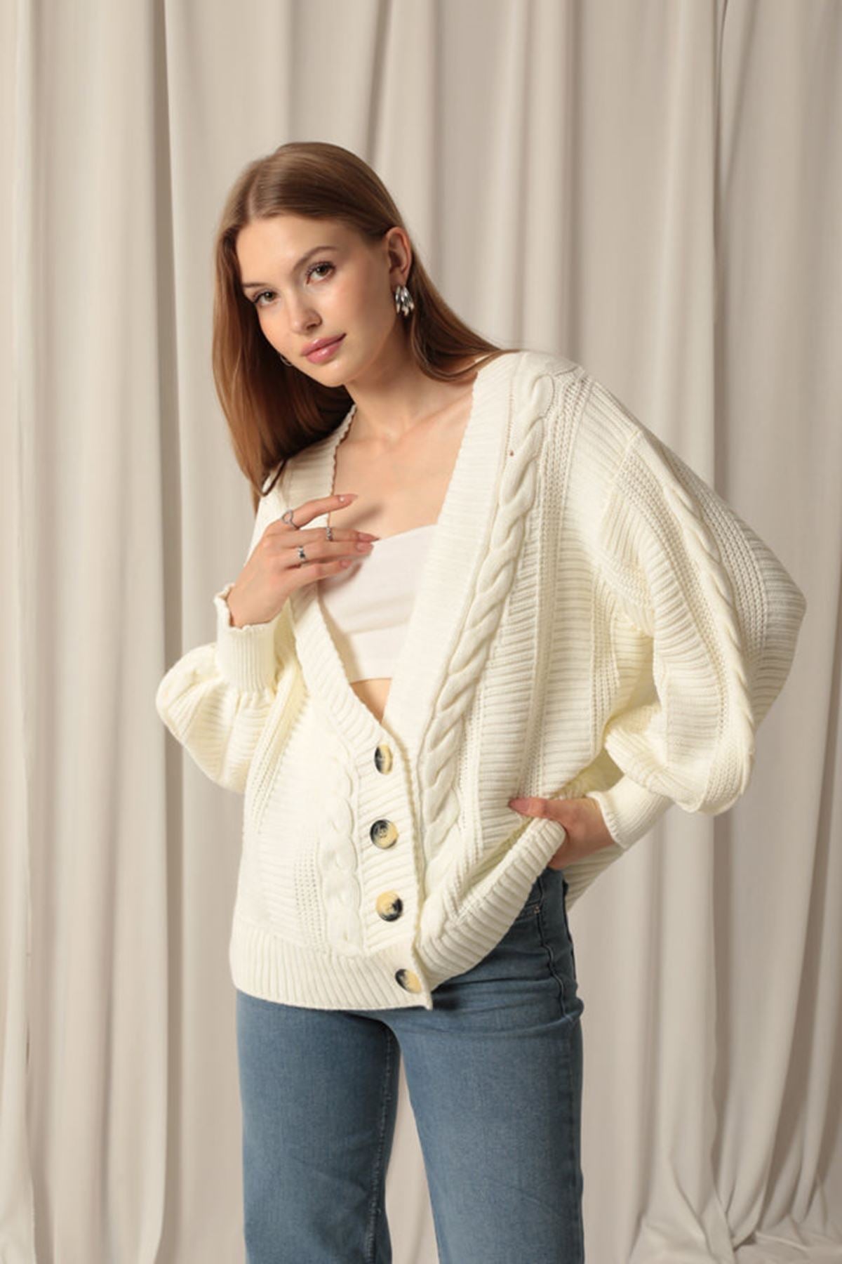 Women's Ecru Cardigan with Knitwear Fabric Knit Detail - STREETMODE™