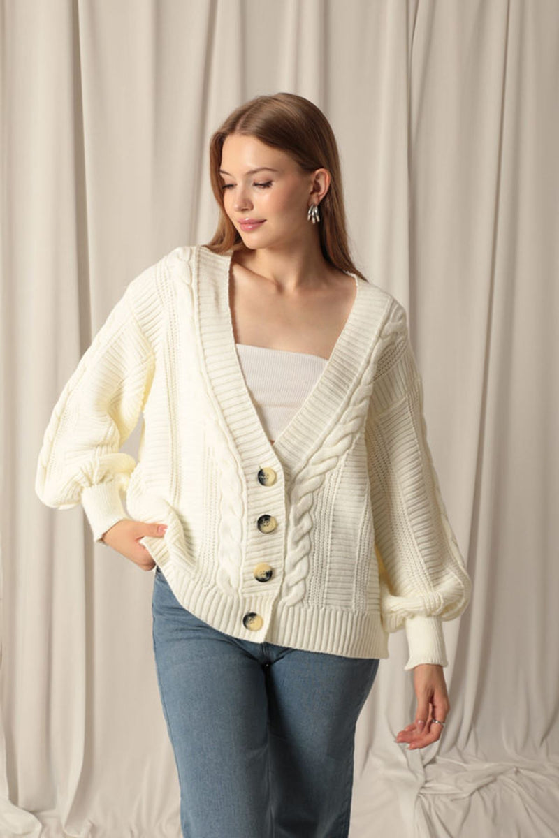 Women's Ecru Cardigan with Knitwear Fabric Knit Detail - STREETMODE™