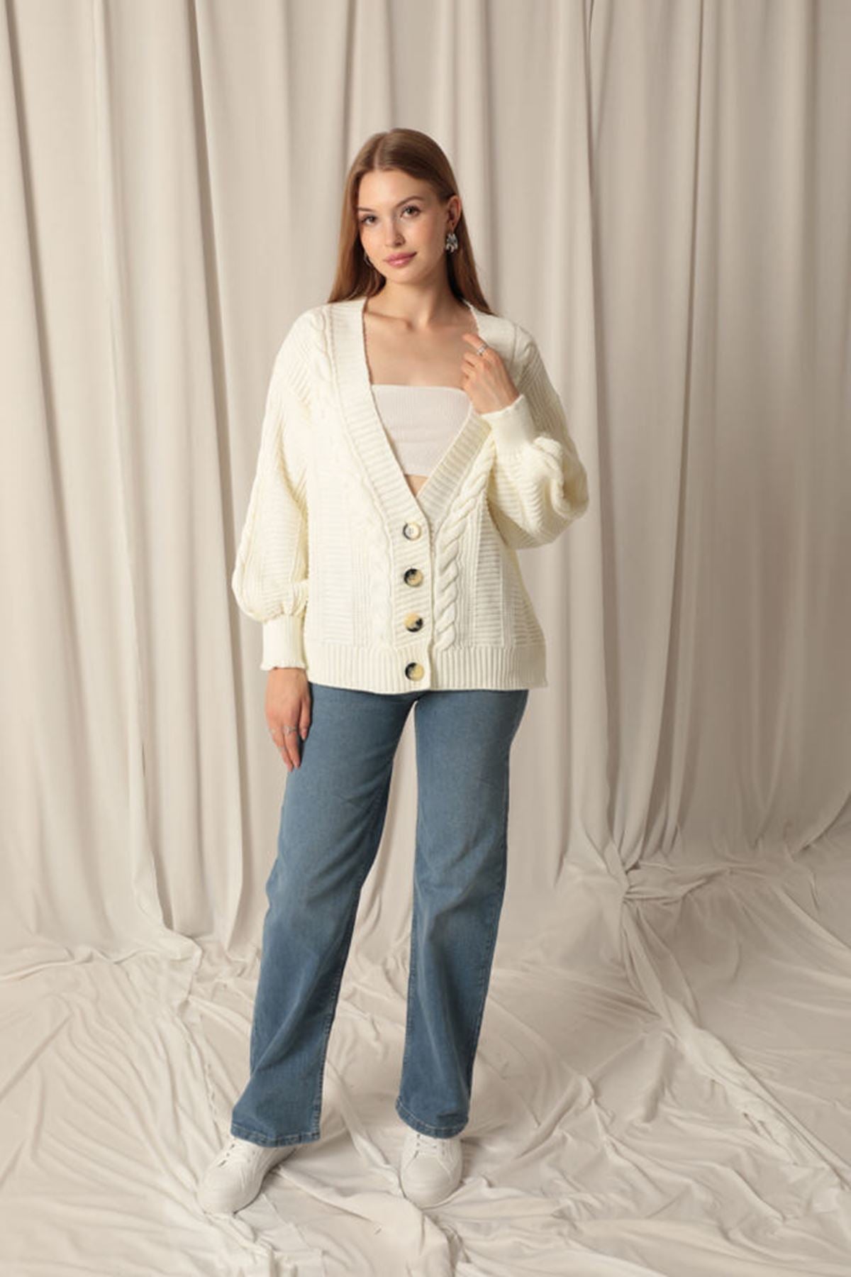 Women's Ecru Cardigan with Knitwear Fabric Knit Detail - STREETMODE™