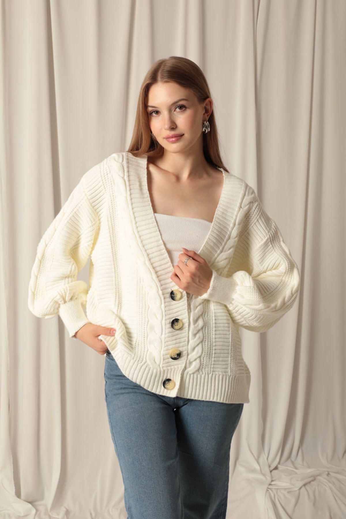 Women's Ecru Cardigan with Knitwear Fabric Knit Detail - STREETMODE™