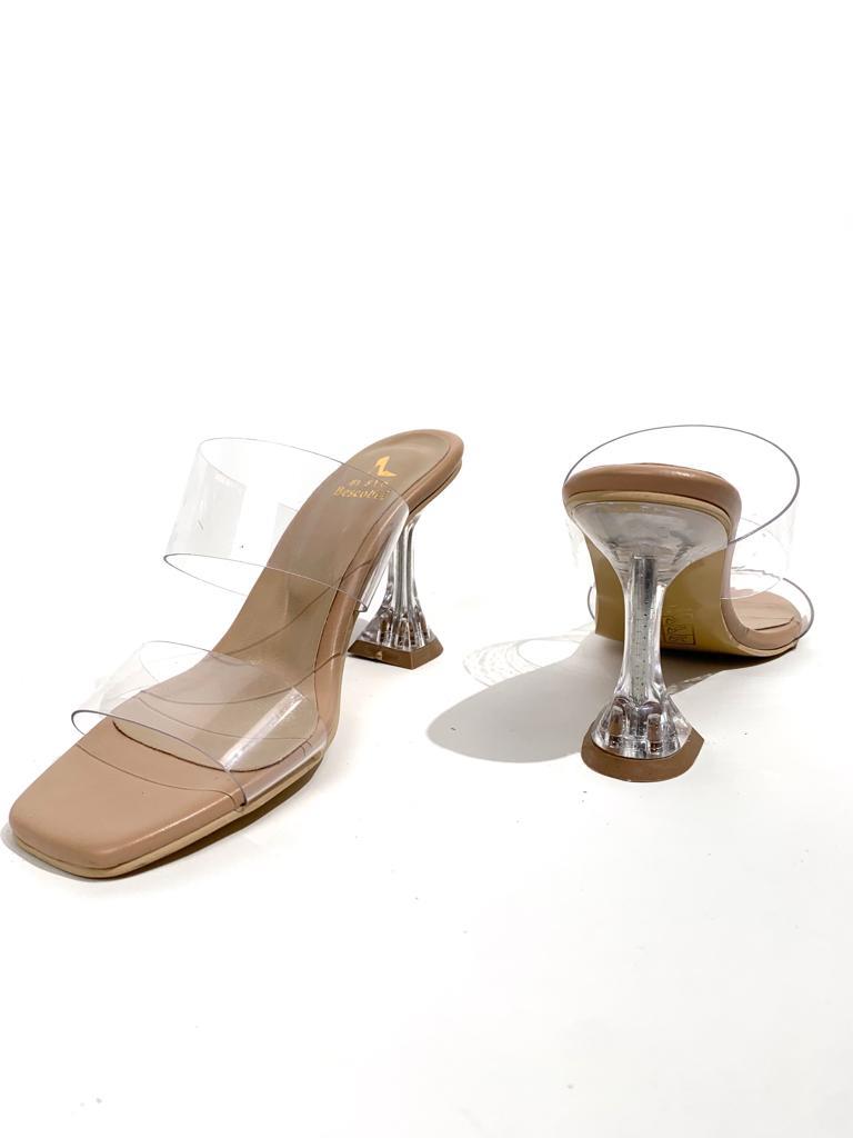 Women's Edv Nut Transparent Tape Transparent Champagne Heeled Slippers - STREETMODE™