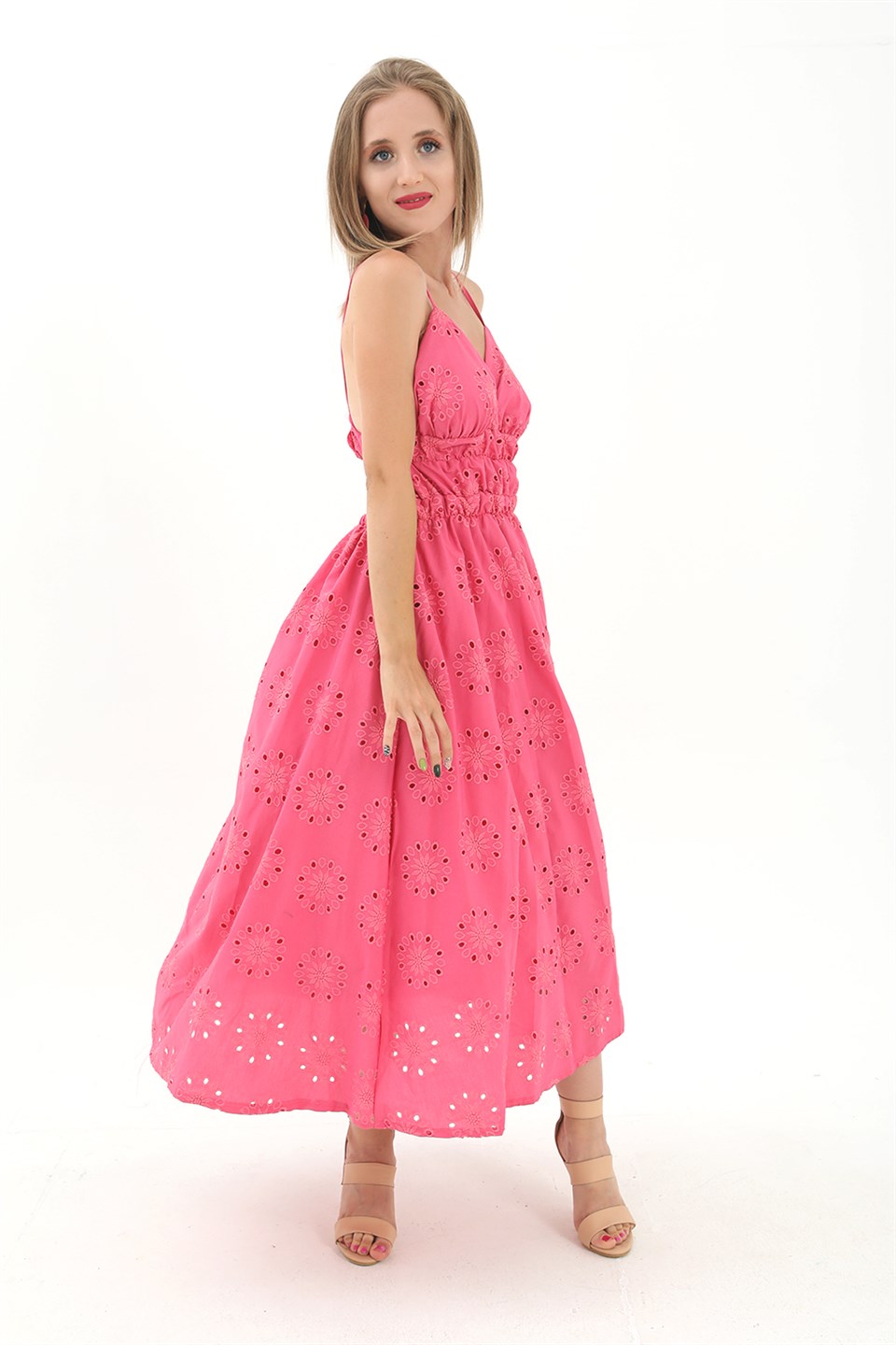 Women's Elastic Waist Lined Back Low-cut Embroidered Dress - Fuchsia - STREETMODE™