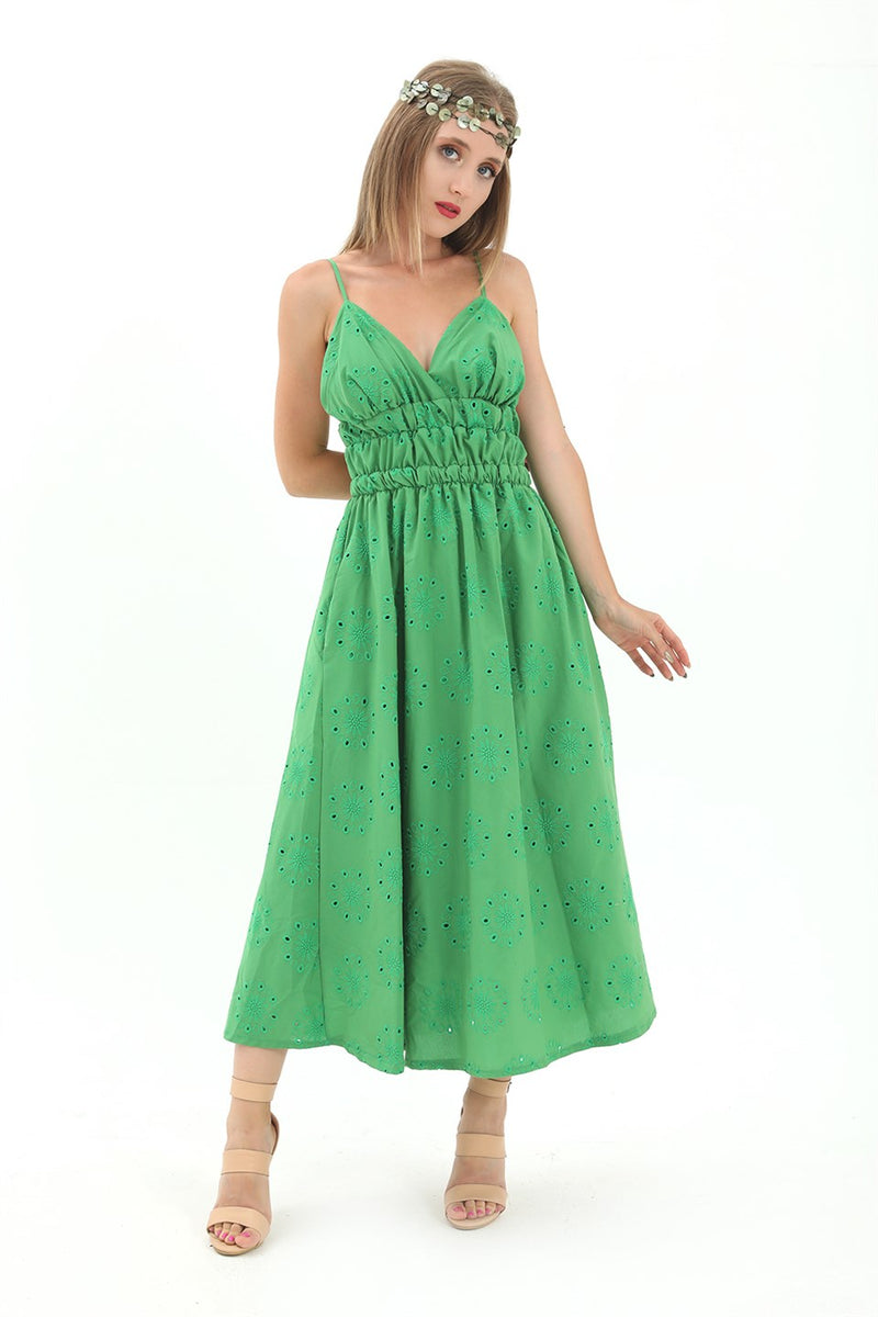 Women's Elastic Waist Lined Back Low-cut Embroidered Dress - Green - STREETMODE™