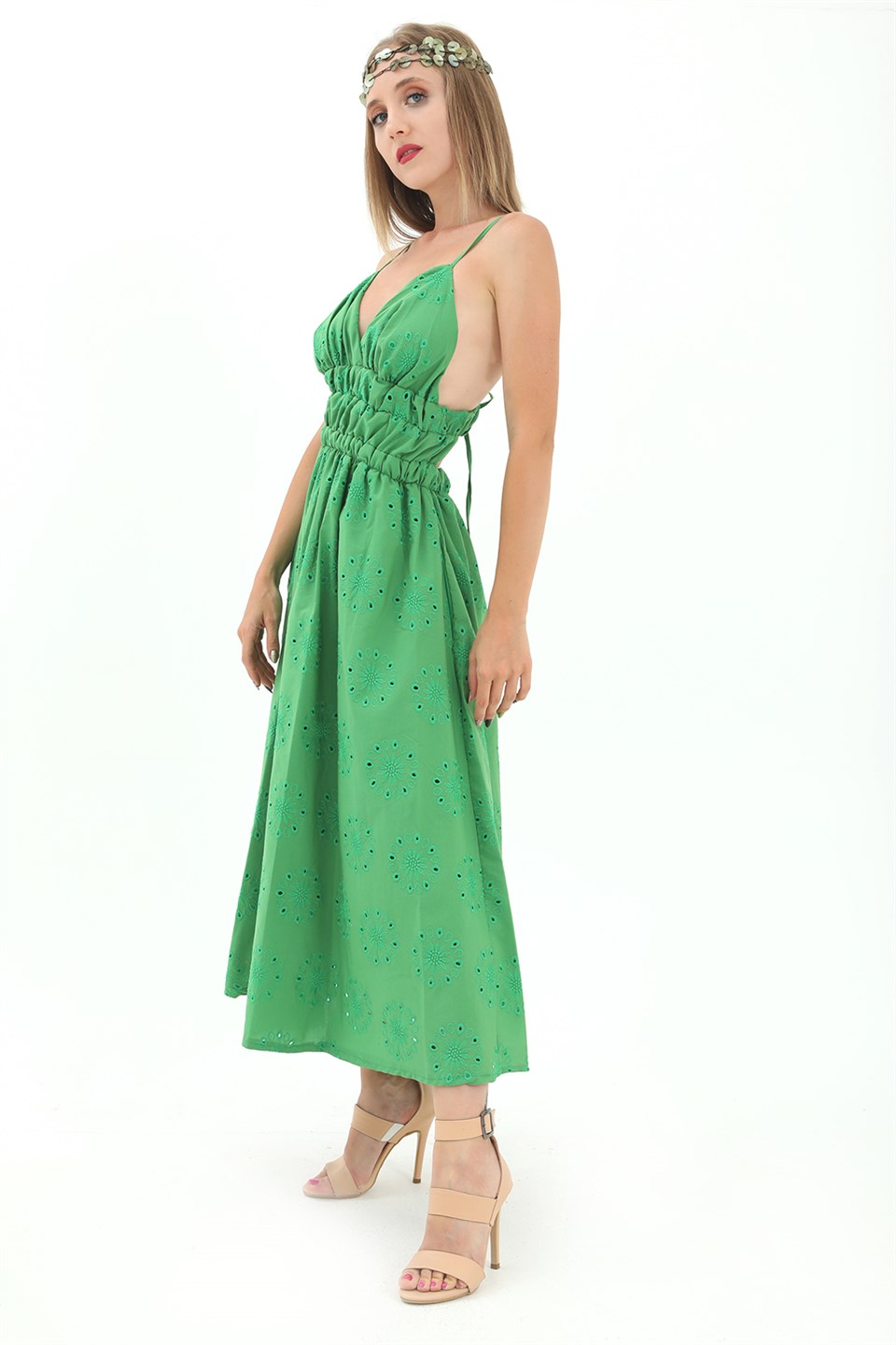 Women's Elastic Waist Lined Back Low-cut Embroidered Dress - Green - STREETMODE™