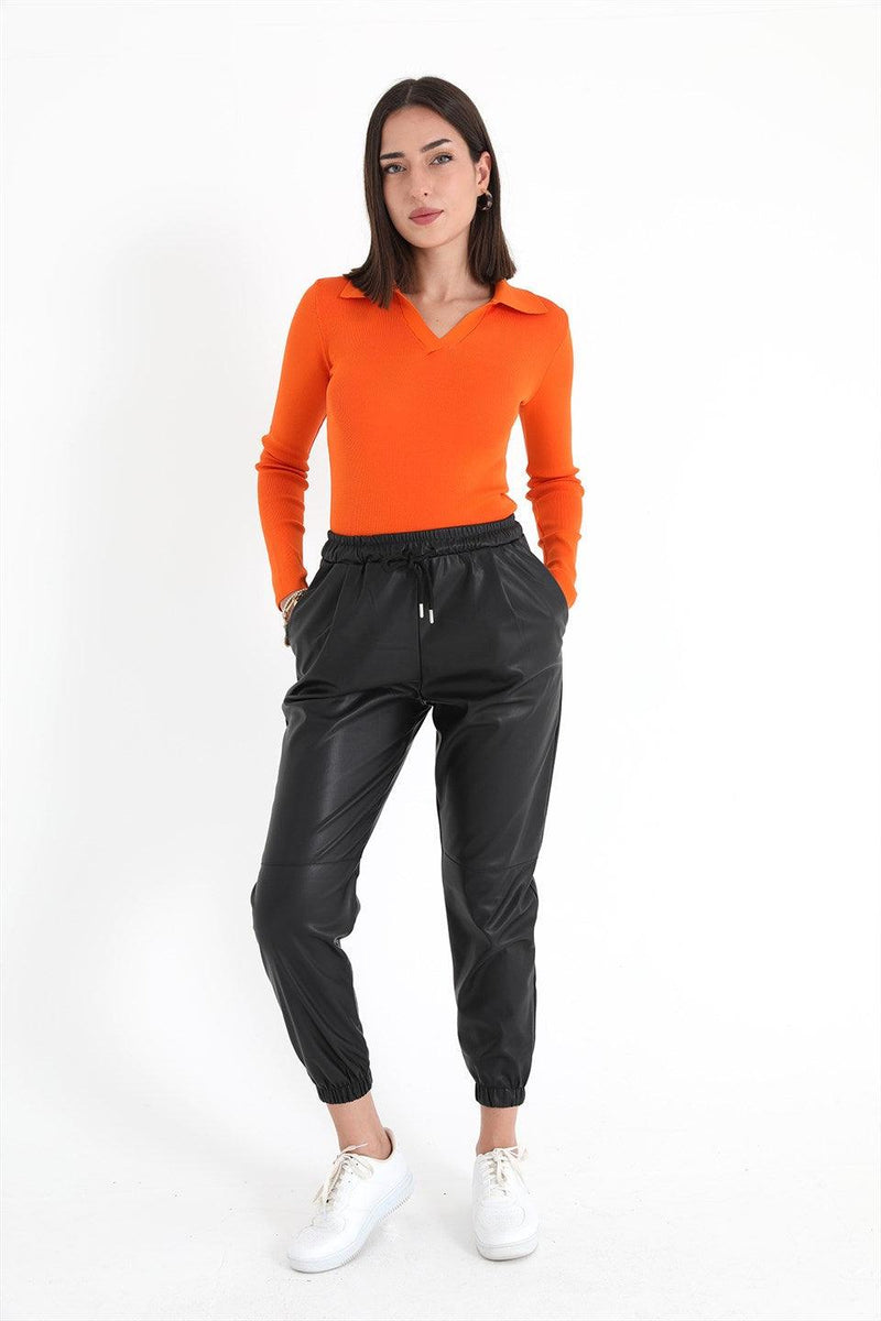 Women's Elastic Waist Pleated Pleated Leather Pants - Black - STREETMODE™ DE