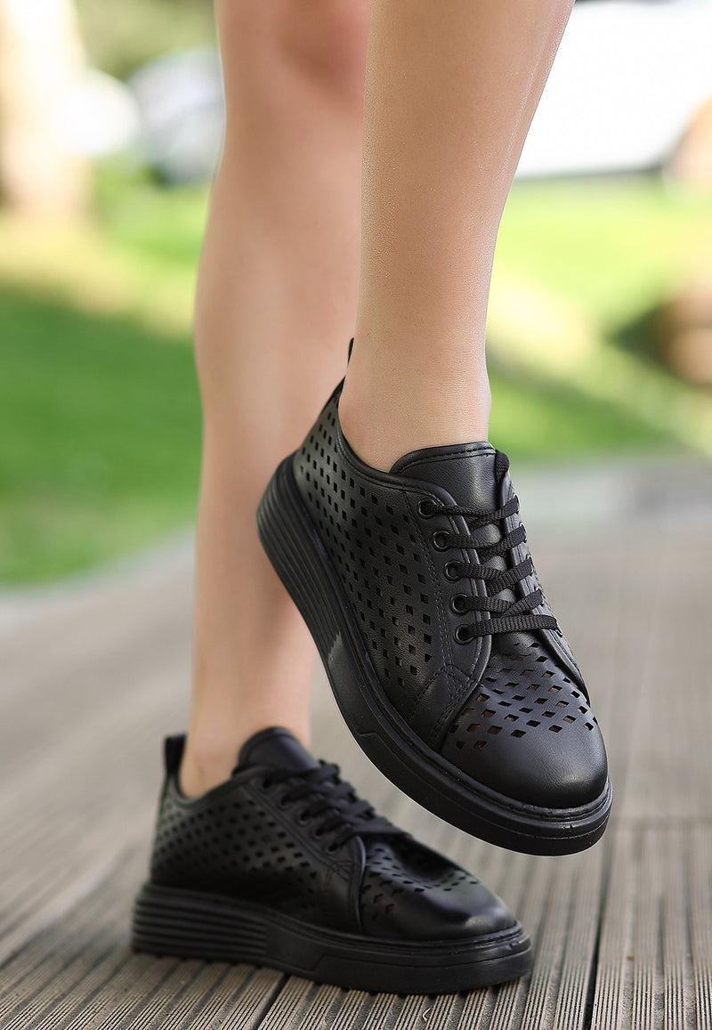 Women's Ellon Black Leather Lace-Up Sports Shoes - STREETMODE™
