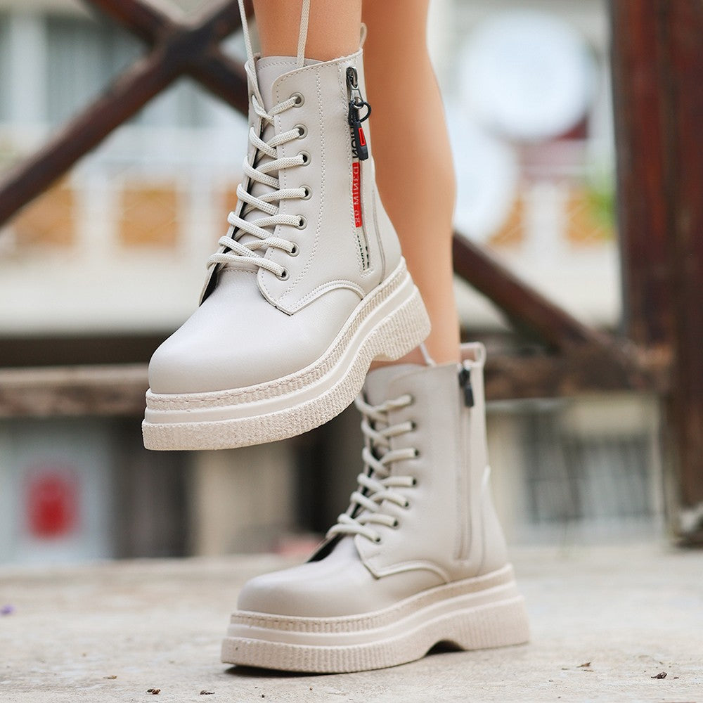 Women's Elove Beige Leather Laced Boots - STREETMODE™