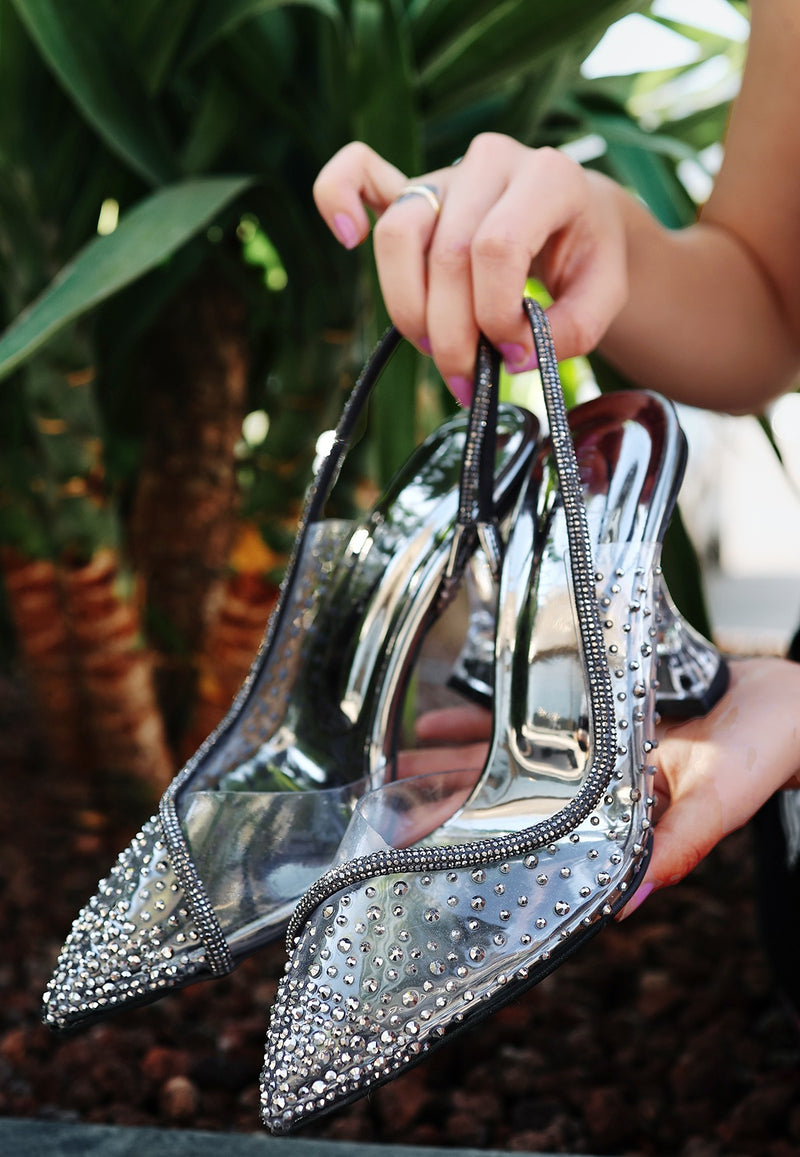 Women's Else Platinum Transparent Beaded Heeled Shoes - STREETMODE™