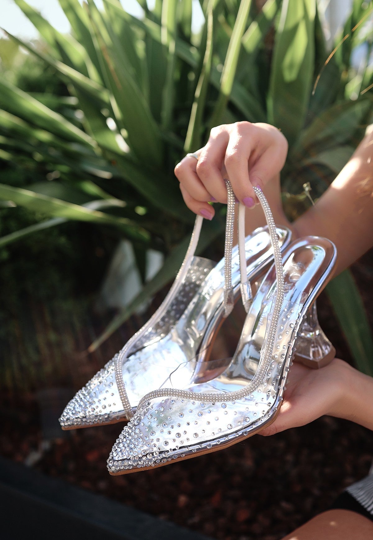 Women's Else Silver Transparent Beaded Heeled Shoes - STREETMODE™