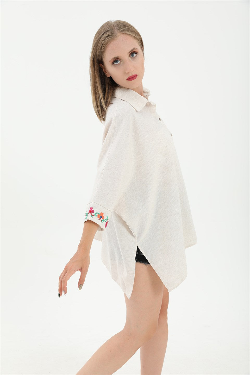 Women's Embroidered Linen Bat Sleeve Shirt - Stone - STREETMODE™