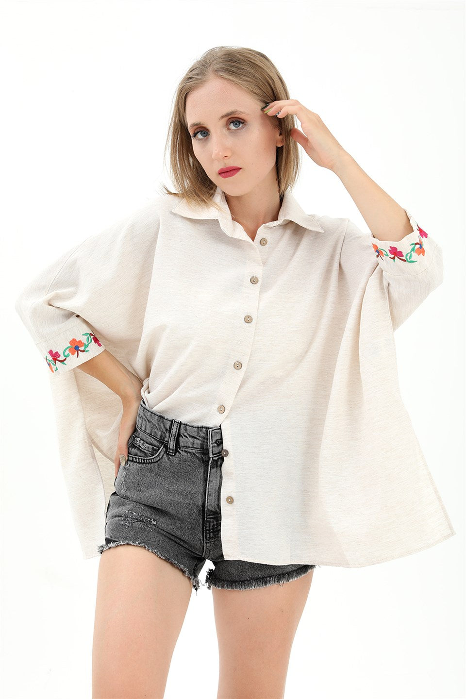 Women's Embroidered Linen Bat Sleeve Shirt - Stone - STREETMODE™
