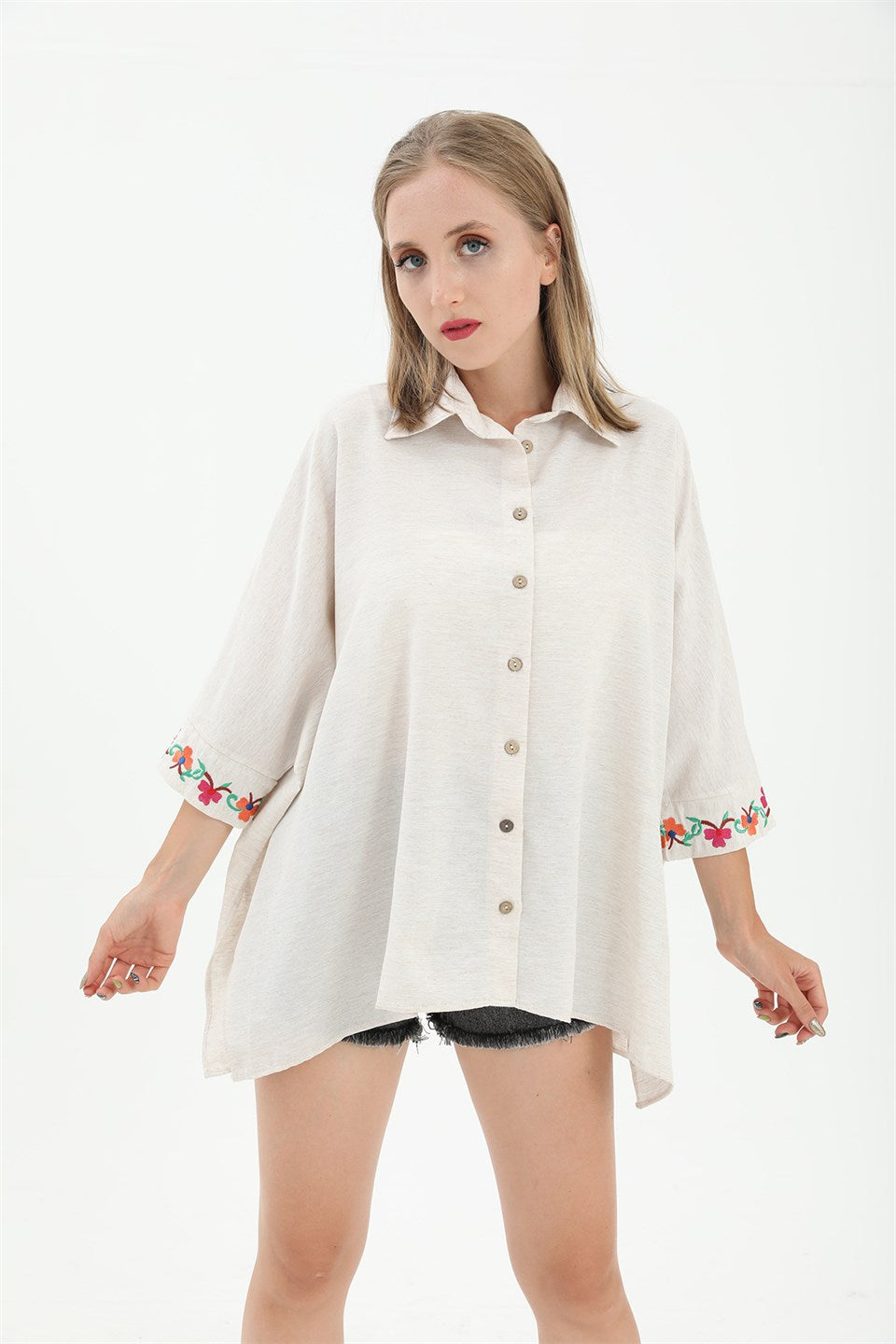 Women's Embroidered Linen Bat Sleeve Shirt - Stone - STREETMODE™