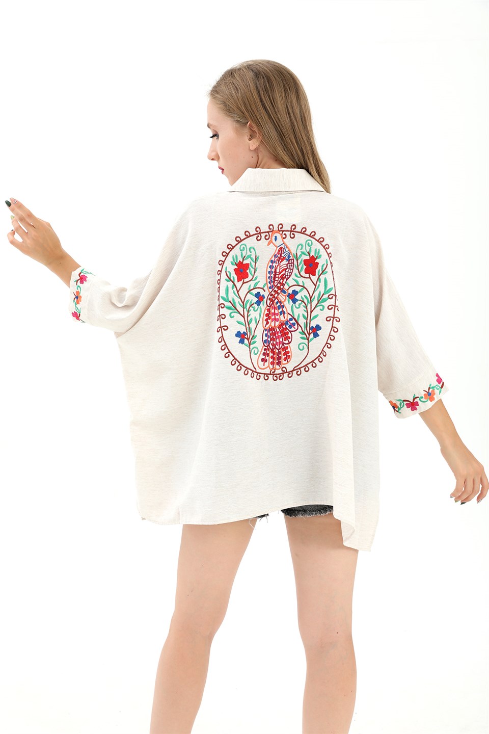 Women's Embroidered Linen Bat Sleeve Shirt - Stone - STREETMODE™