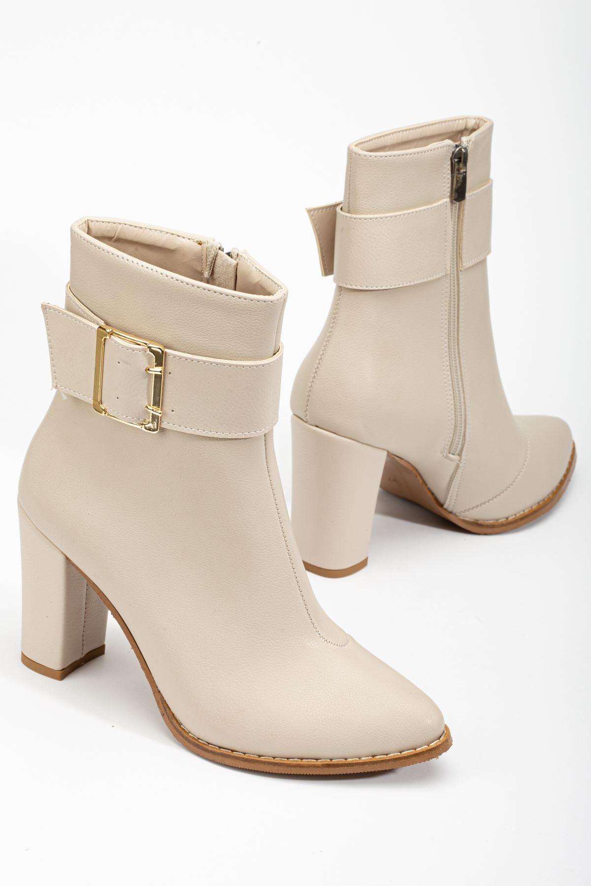 Women's Eva Beige Skin Pointed Toe Zipper Thick Heel Boots - STREETMODE™