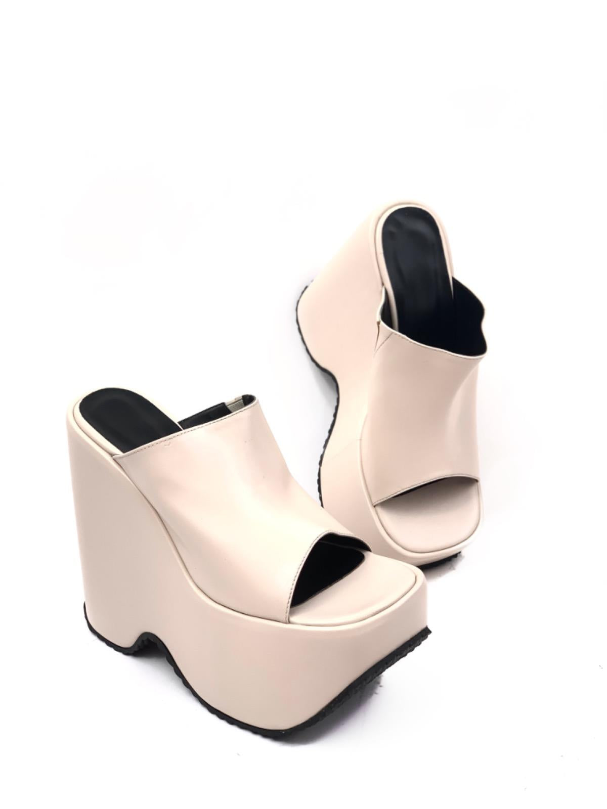 Women's Foon Beige High Heel Skin Platform Slippers - STREETMODE™