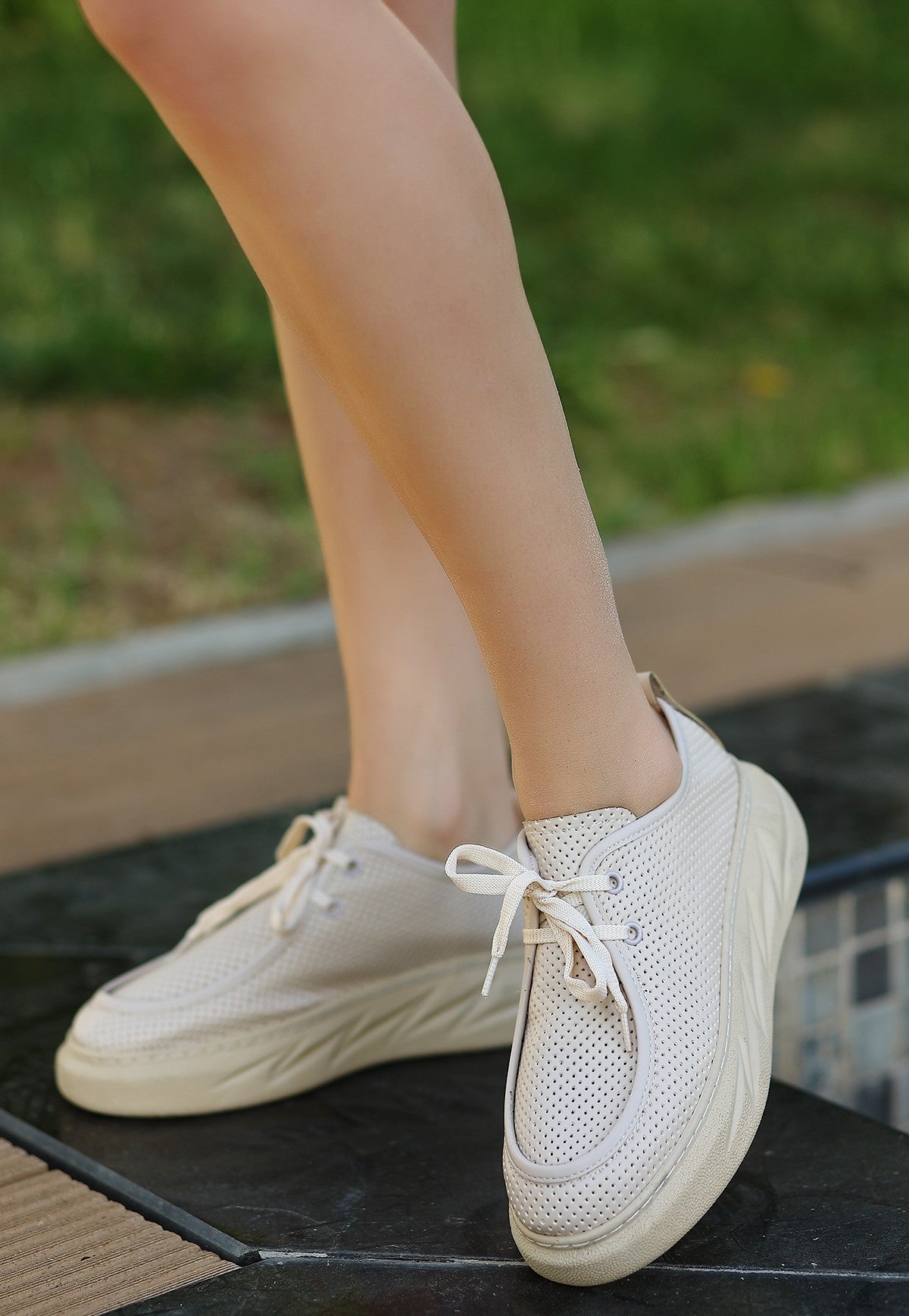 Women's Freya Beige Leather Lace-Up Sports Shoes - STREETMODE™