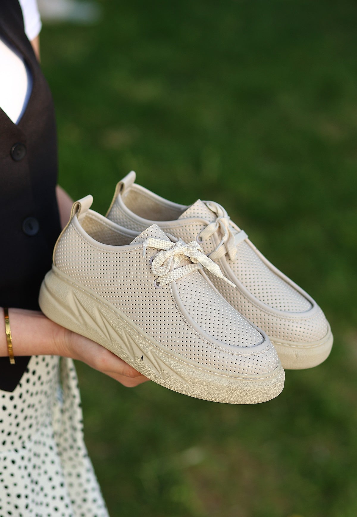Women's Freya Beige Leather Lace-Up Sports Shoes - STREETMODE™