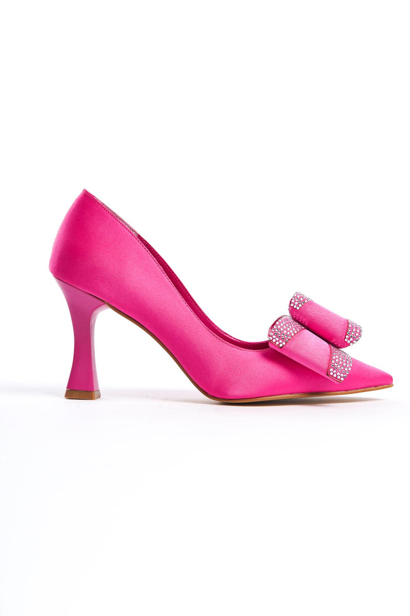 Women's Fuchsia Fasm Satin Painted Heel Bow Detailed Evening Shoes - STREETMODE™