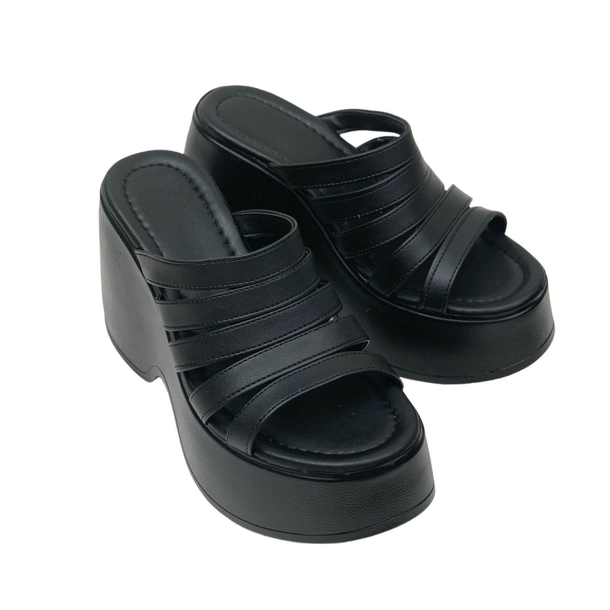 Women's Gehm Black Banded High Heel Platform Sandals 10 Cm DLG11 - STREETMODE™