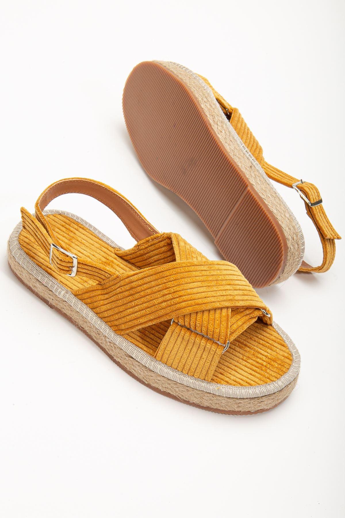 Women's Glara Mustard Velvet Wicker Detailed Espadrille - STREETMODE™