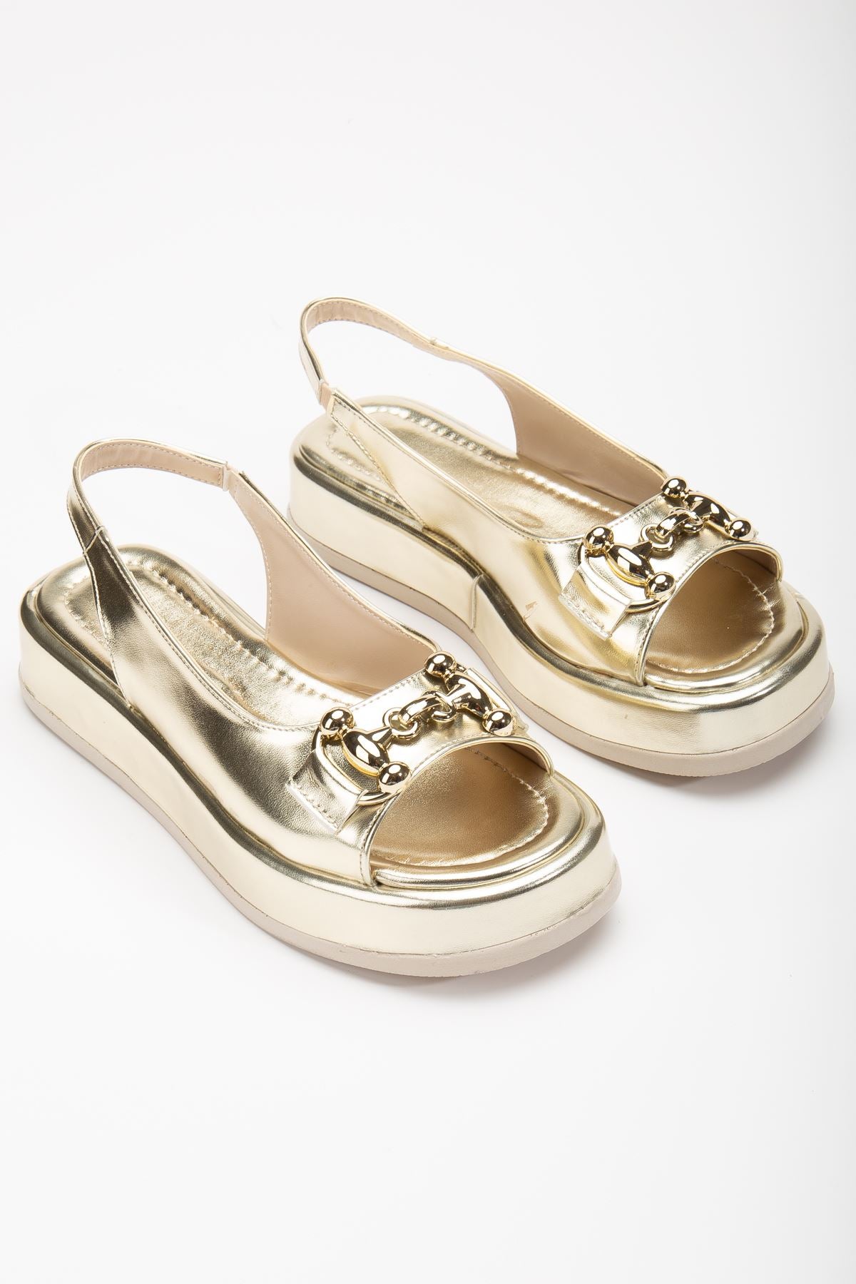 Women's Gold Shiny Skin Buckle Detailed Sandals - STREETMODE™