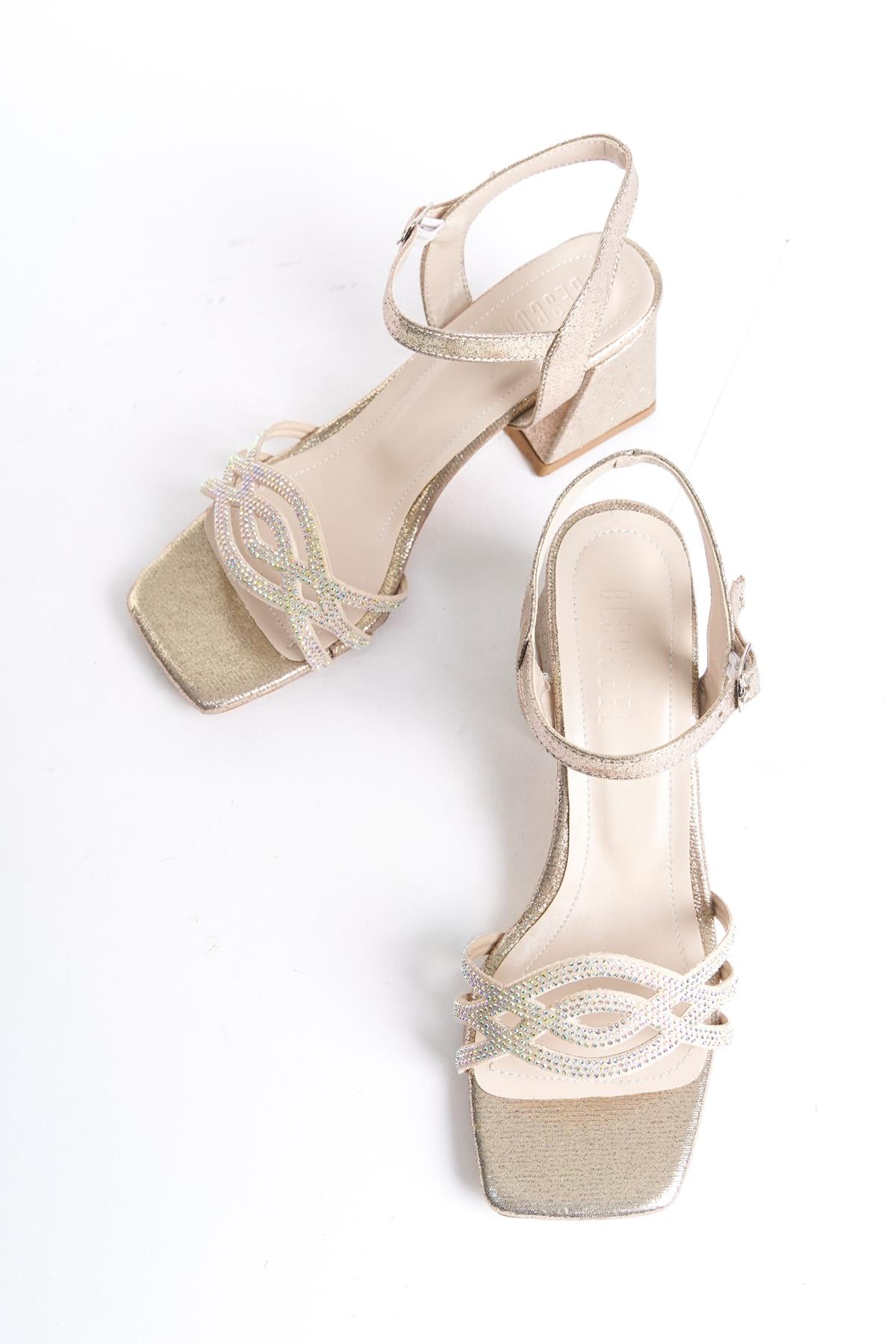 Women's Gold Yekm Low Heel Stone Evening Dress Sandals Shoes - STREETMODE™