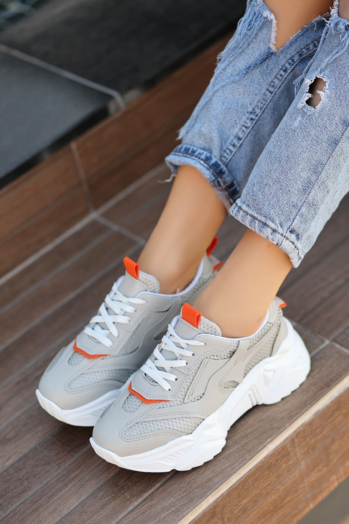 Women's Gray Leather Lace-Up Sports Shoes - STREETMODE™