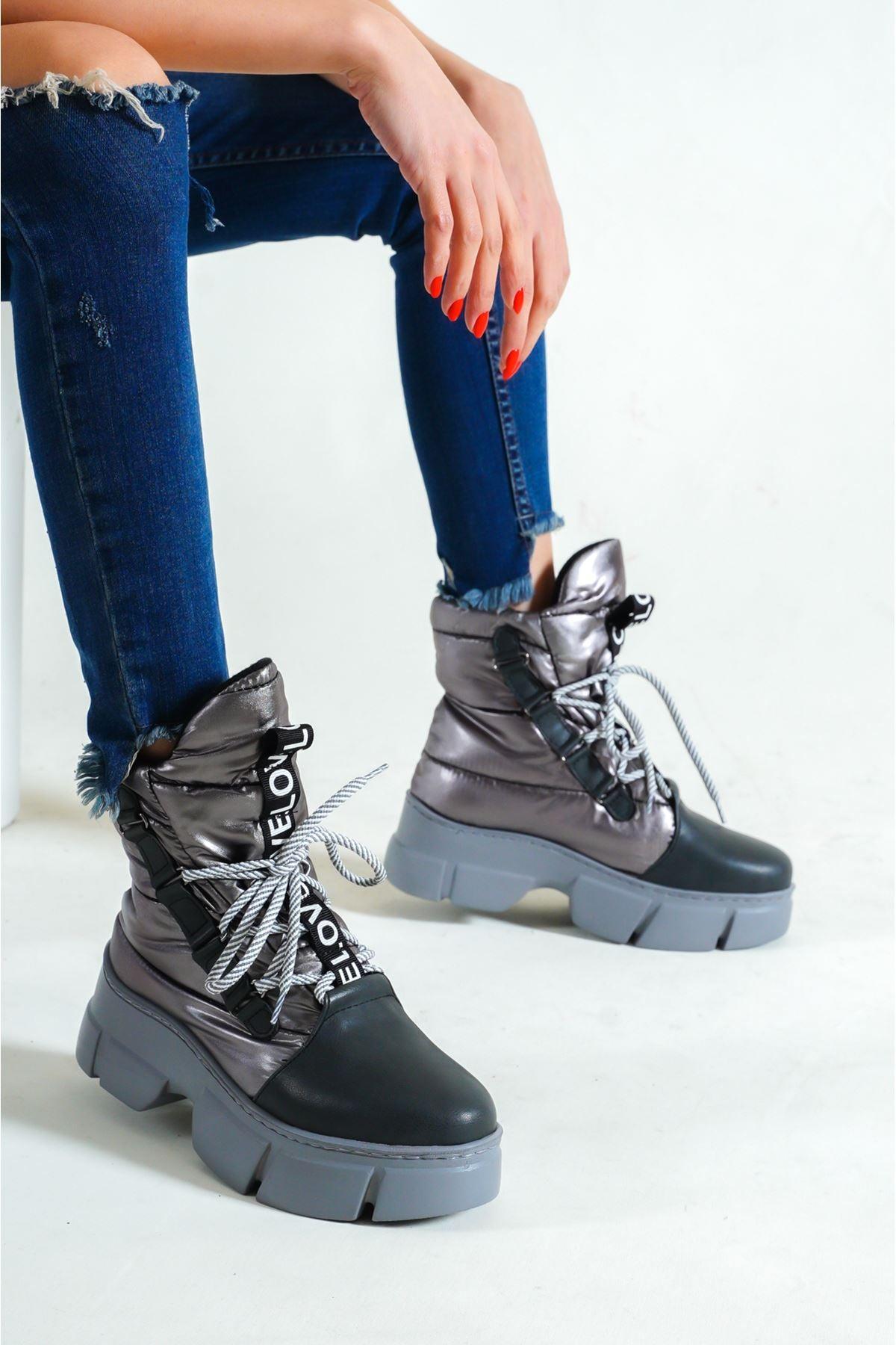 Women's Gray Parachute Material Lace-Up Boots - STREETMODE™