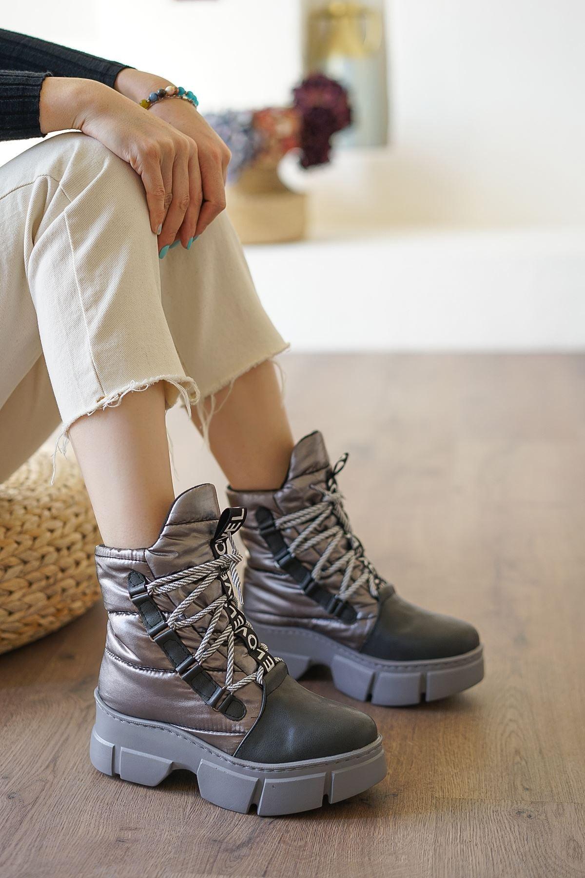 Women's Gray Parachute Material Lace-Up Boots - STREETMODE™