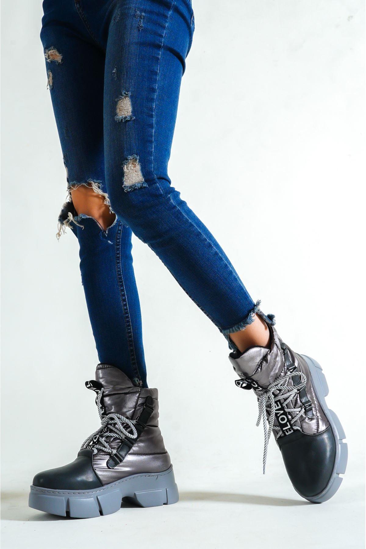 Women's Gray Parachute Material Lace-Up Boots - STREETMODE™