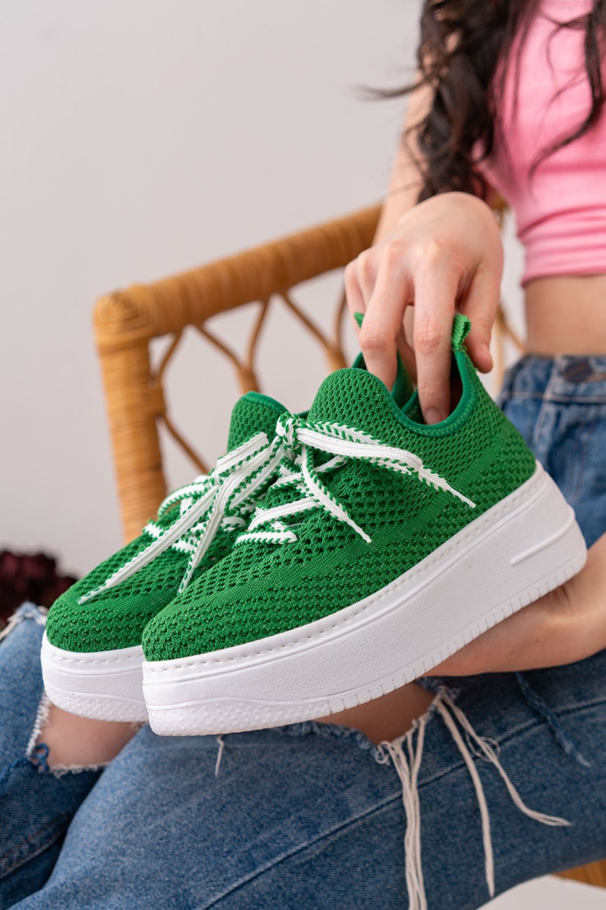 Women's Grito Green Knitwear Stretch Thick Soled Sneakers shoes - STREETMODE™