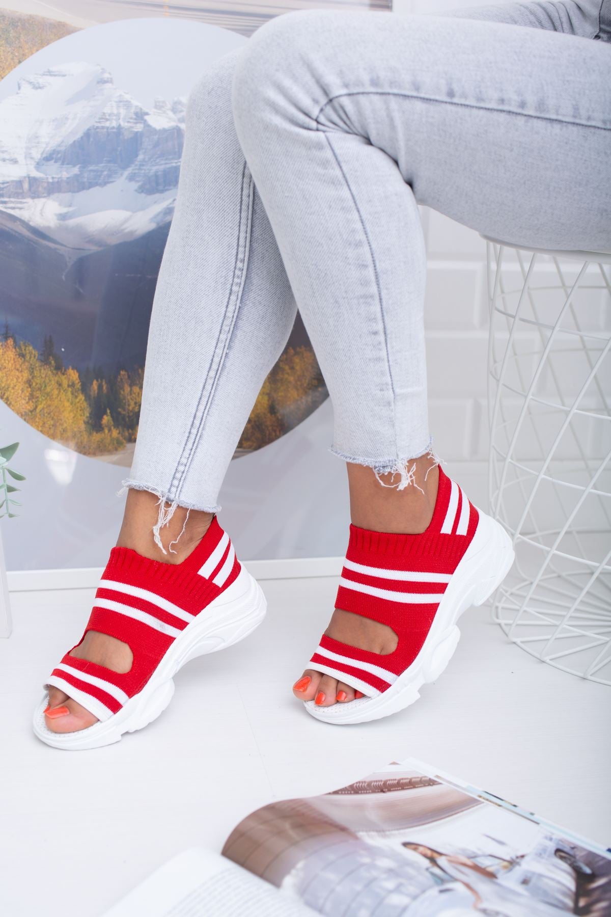 Women's Hera Red White Knitwear Sneakers - STREETMODE™